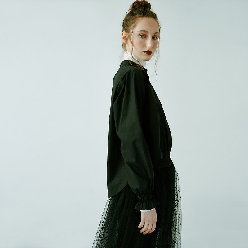 Black cotton pleated shirt - เสื้อเชิ้ตผู้หญิง - ผ้าฝ้าย/ผ้าลินิน สีดำ