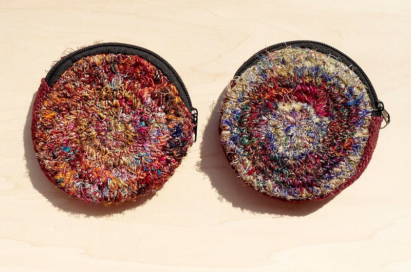 Crochet round purse storage bag cosmetic bag sundries bag - red cotton and linen + handkerchief Sally Line - Coin Purses - Cotton & Hemp Multicolor