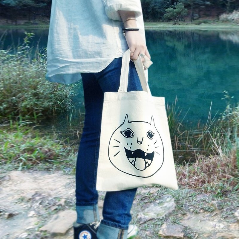 Big cat bag / bag / smile cat - กระเป๋าแมสเซนเจอร์ - ผ้าฝ้าย/ผ้าลินิน สีดำ
