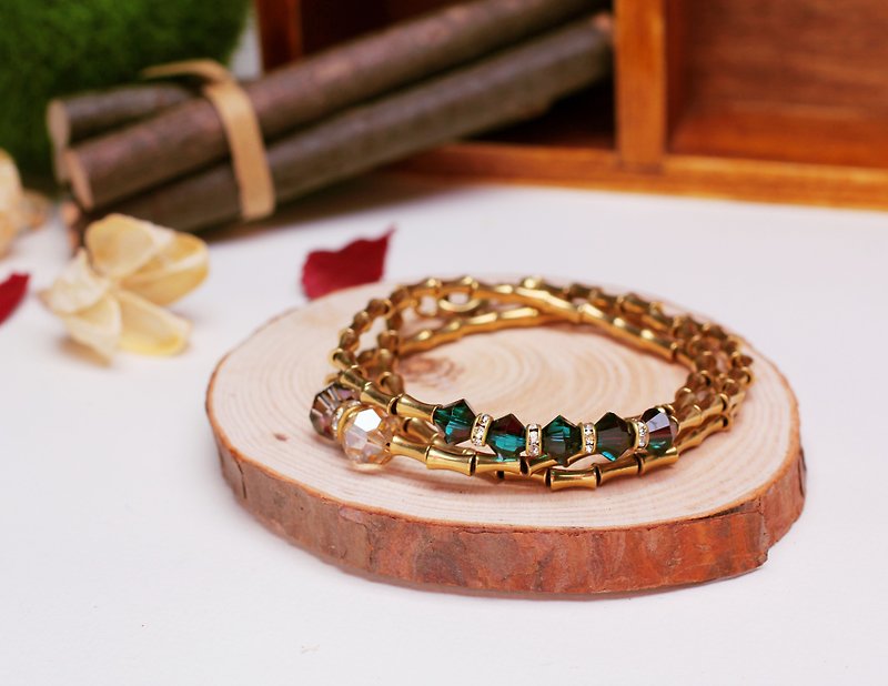 黃銅三圈手鏈竹節款-祖母綠水晶 - 手鍊/手環 - 寶石 綠色