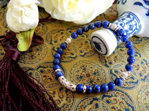 Glim Gems 天然色手藏 《Blue and white porcelain 青花瓷》古典東方青金石925純銀手鍊