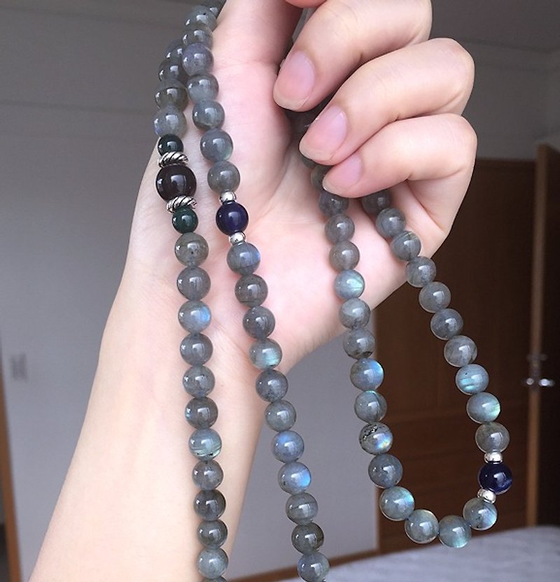 :::*CaWaiiDaisy*::: large! Ice kind of obsidian * IPL labradorite 108 rosary / prayer beads necklace / bracelet multi-turn - Necklaces - Gemstone Gray