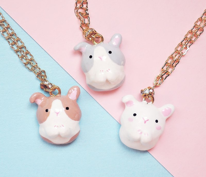 Fairy tale critters ♥ Come little bunny rabbit necklace hand-made cute animal necklace - สร้อยคอ - ดินเผา สีเทา