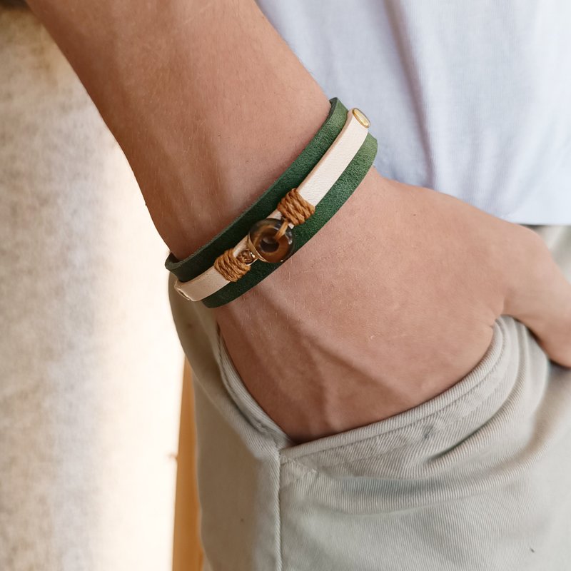 Gold Tiger's Eye Donut Bracelet, Earthy Fire Grounded Strength Jewelry - 手鍊/手環 - 真皮 綠色