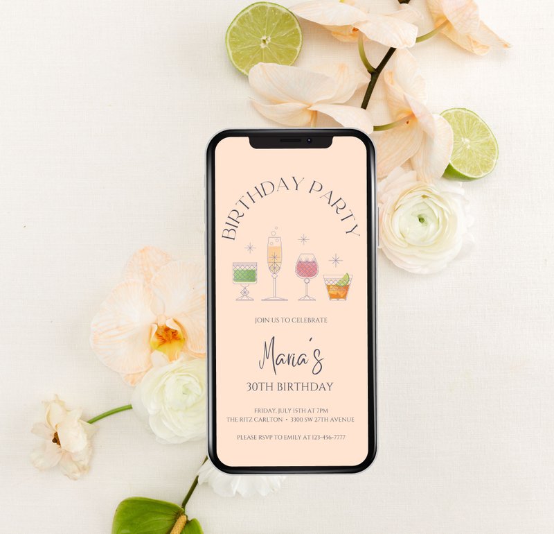 Animated Cocktails Birthday Party Invitation Canva Template - 電子喜帖/賀卡/邀請函 - 其他材質 