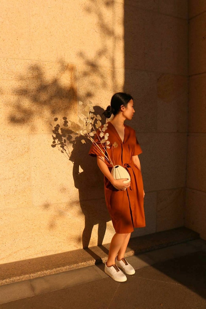 Caramel color contour V-neck kimono-style dress shirt - One Piece Dresses - Cotton & Hemp 
