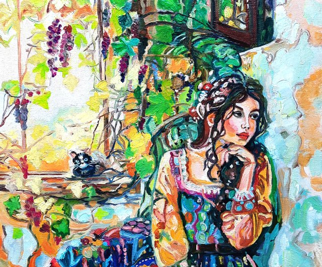 一点物 油絵 緑 女性 黒 キャンバス 一点物 油絵 緑 女性 黒