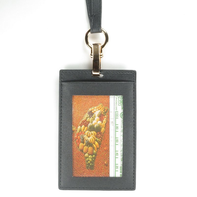 Vegetable tanned straight double-layer ID card holder card holder lanyard leather black paid custom lettering - ที่ใส่บัตรคล้องคอ - หนังแท้ สีดำ
