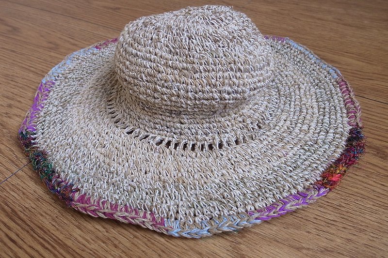 Handmade Hand-woven Hemp and Cotton Hat with adjustable edges, Summer hat - Hats & Caps - Cotton & Hemp Khaki