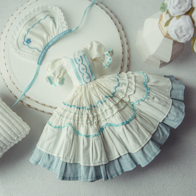 Lolita Style Blythe Dress Set Handmade Milk Cyan Cotton doll 12 inch BJD - 公仔/玩偶 - 棉．麻 白色