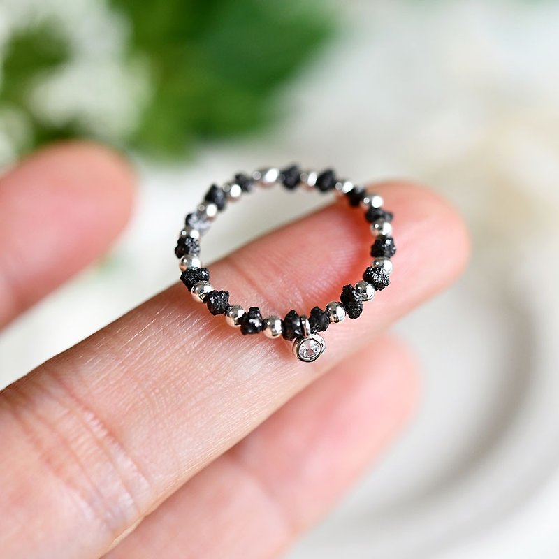 Original design, eternal, black diamond and Silver bead ring, pinky ring, April birthstone - แหวนทั่วไป - โลหะ สีดำ