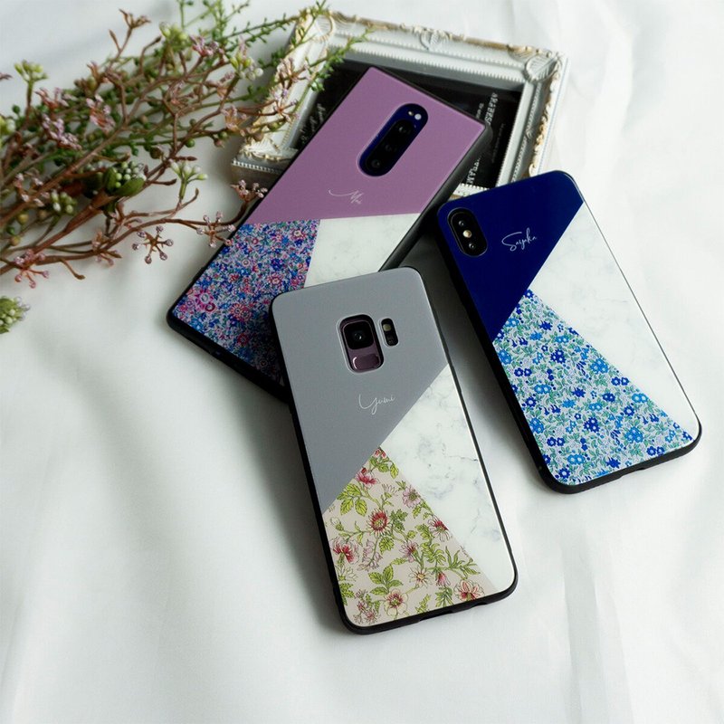 多機種対応 スマホケース ガラス【 バイアスカラー 名入れ 】 くすみ 大理石 フラワー iPhone android JI32U - 手機殼/手機套 - 玻璃 灰色