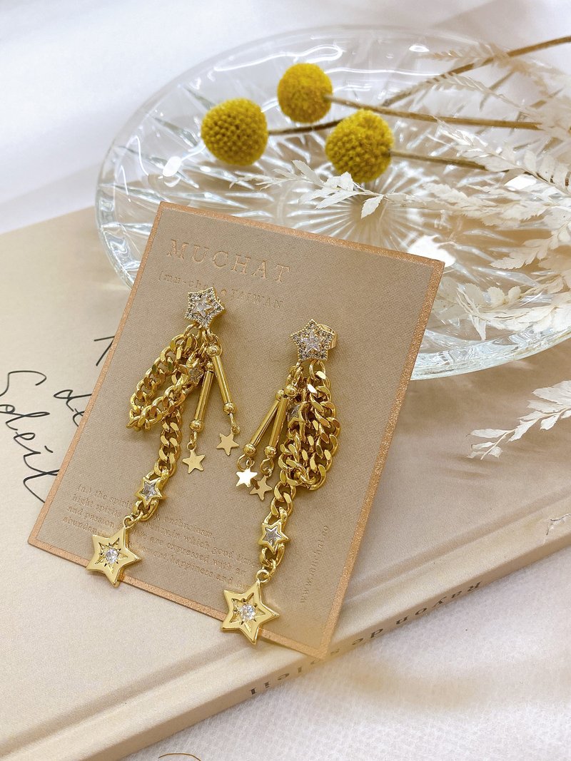 Celebrating Muji Festival. MUCHAT handmade 14KGP Stone star tassel sterling silver needle earrings - ต่างหู - โลหะ สีทอง