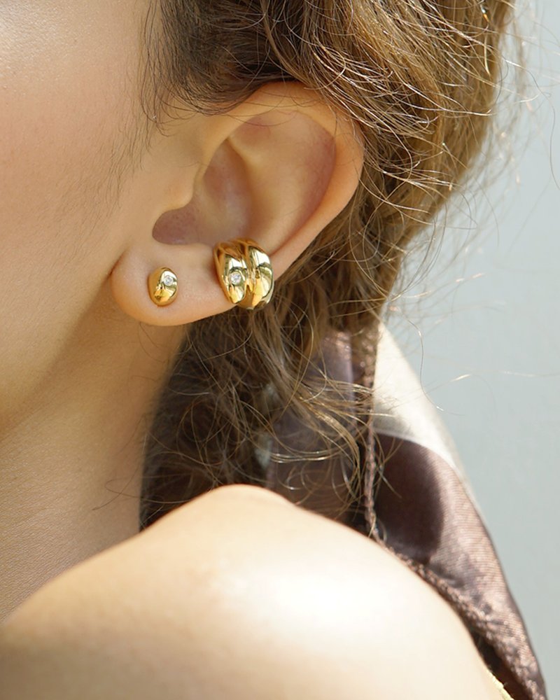 Ques Ear Set | Gold Studs Earrings and Ear C - 耳環/耳夾/耳骨夾 - 純銀 金色