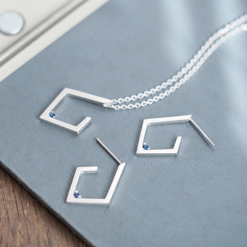 2コset) サファイア ひし形 ペア ネックレス & ピアス シルバー925 - 項鍊 - 寶石 藍色