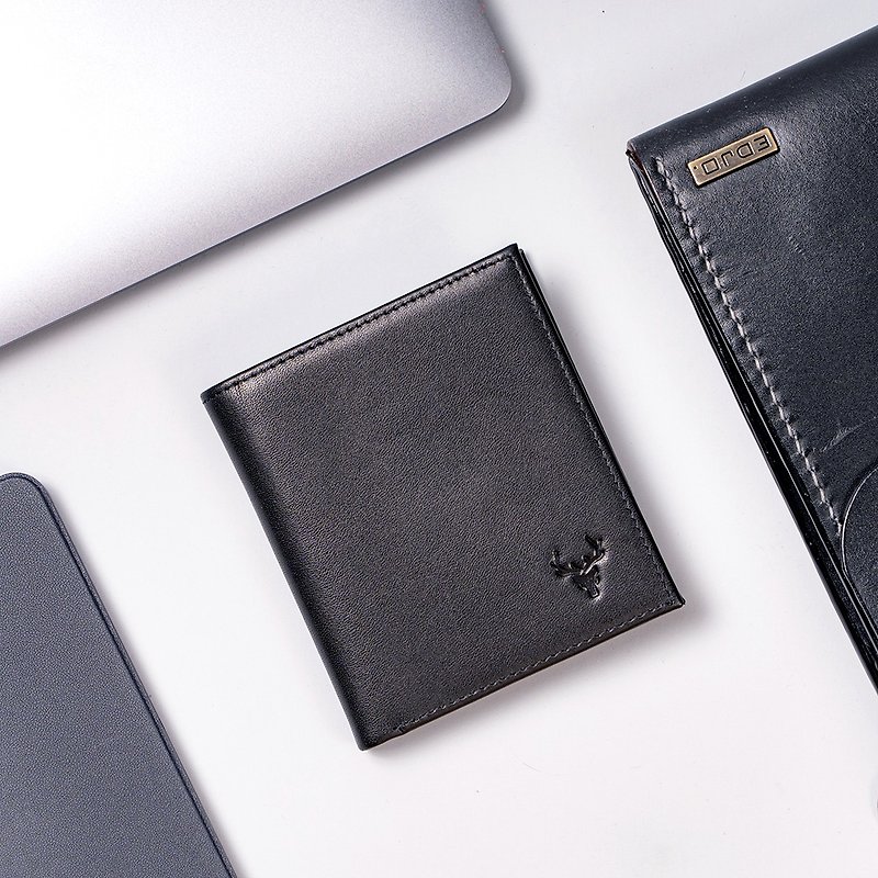 【HOT】Rex Genuine Leather Straight Short Wallet Coin Purse Customized Engraving Black - กระเป๋าสตางค์ - หนังแท้ สีดำ
