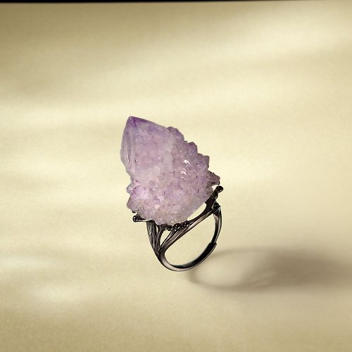 WANZAMGOK 淺紫水晶活口戒指 星光閃片原石標本隨形晶柱晶簇手工指環 S925銀