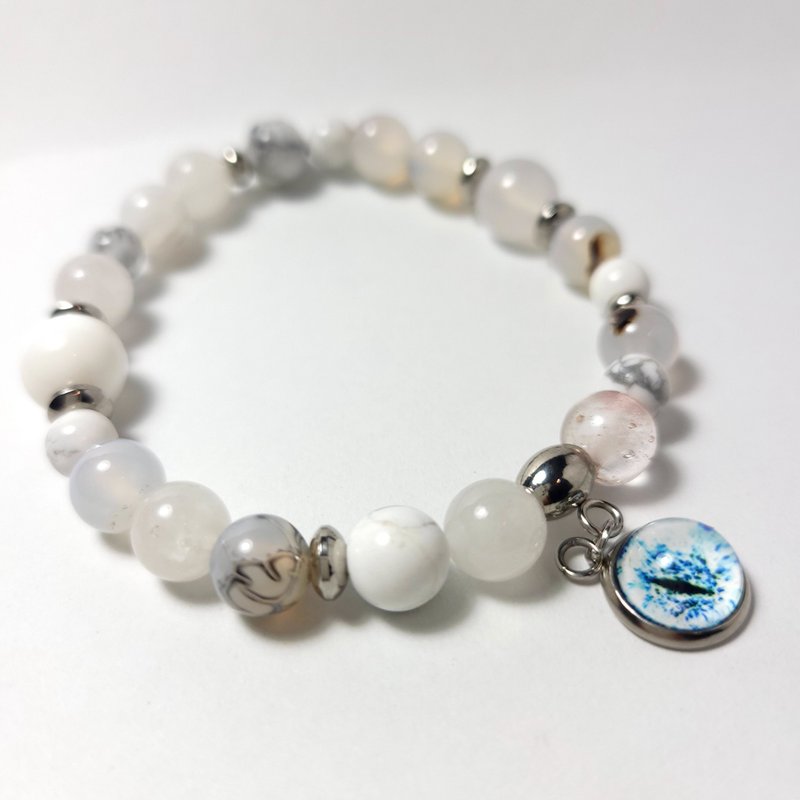 Single string 10mm cat's eye vs super mix and match natural Stone bracelet pure white series - สร้อยข้อมือ - หิน ขาว