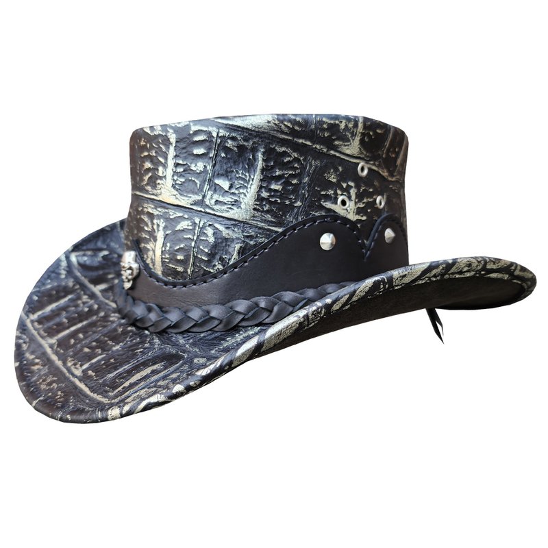 Gothic Cowboy Hat with Braided Band & Skull - 帽子 - 真皮 黑色