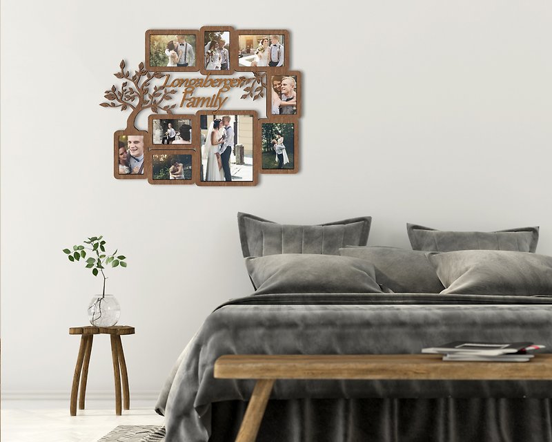 パーソナライズされた家系図のフォトギャラリー 壁に取り付けられた額縁のコラージュ - フォトフレーム - 木製 ブラウン