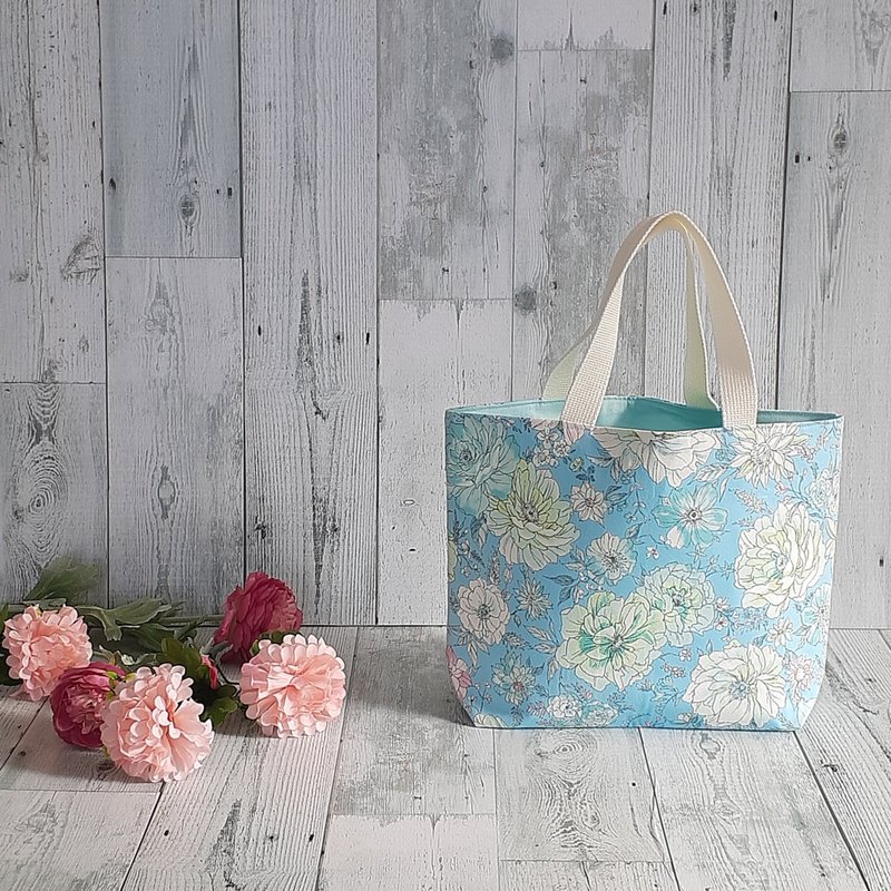 Light Blue, Refreshing, Floral Pattern, Mini Tote Bag, Large Print, Handbag, Sub Bag, Mint Green - กระเป๋าถือ - ผ้าฝ้าย/ผ้าลินิน 