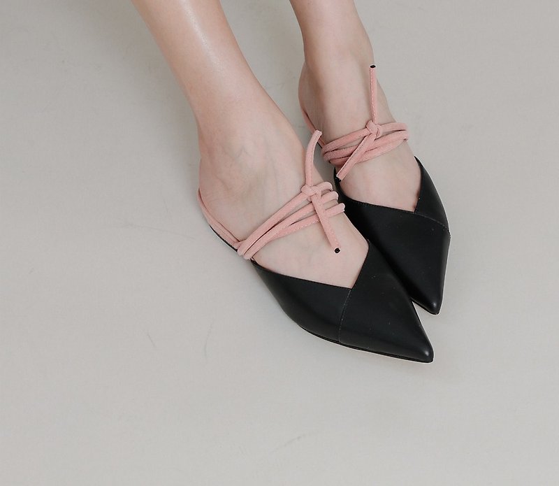 Interlaced bandage pointed leather sandals and slippers black powder - รองเท้ารัดส้น - หนังแท้ สีดำ