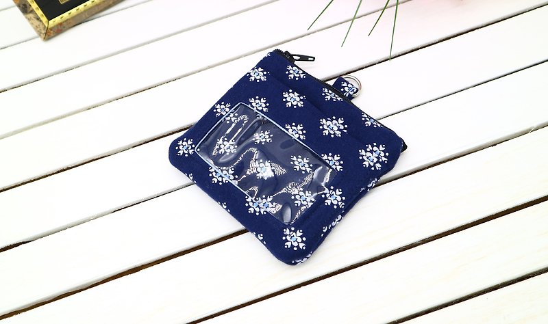 Dark blue snowflake document set change set / small wallet / zipper coin bag / business card holder / leisure card / identification card - ID & Badge Holders - Cotton & Hemp Blue