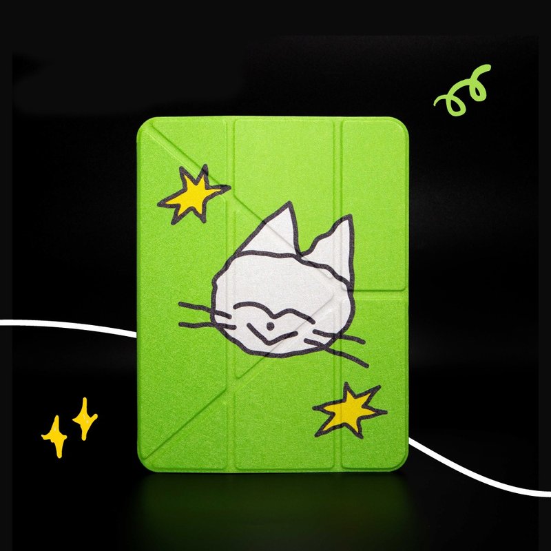 iPad illustrator co-branded protective case [Mimi Cat] multi-fold with built-in pen tray on the right side - Tablet & Laptop Cases - Other Materials Green