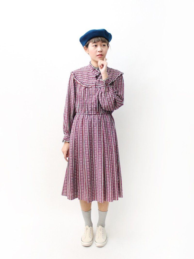 【RE0503D1186】復古剪裁格子立領長袖春夏古著洋裝 - 連身裙 - 聚酯纖維 紫色