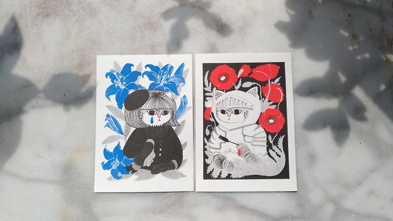 貓科擬人肖像古典花草明信片 - 心意卡/卡片 - 紙 紅色