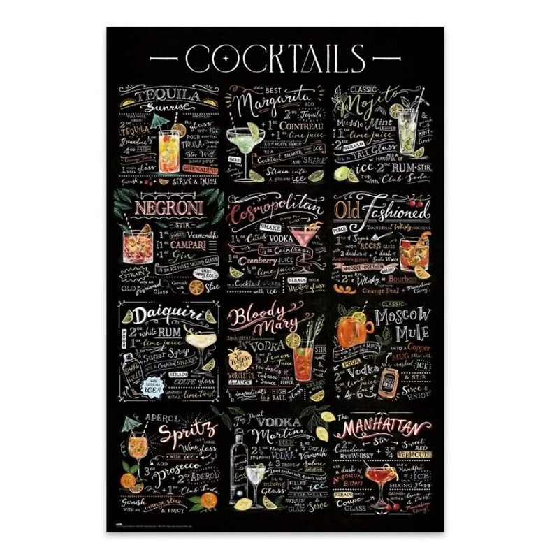 LILY & VAL 12 Cocktail Mixology Teaching Blackboard Imported Posters - โปสเตอร์ - กระดาษ สีดำ