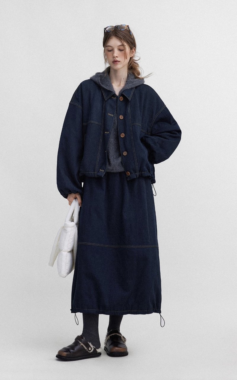 Nordic / 撞色分割線牛仔棉服 半裙套裝 / 純棉 - 女大衣/外套 - 其他材質 藍色