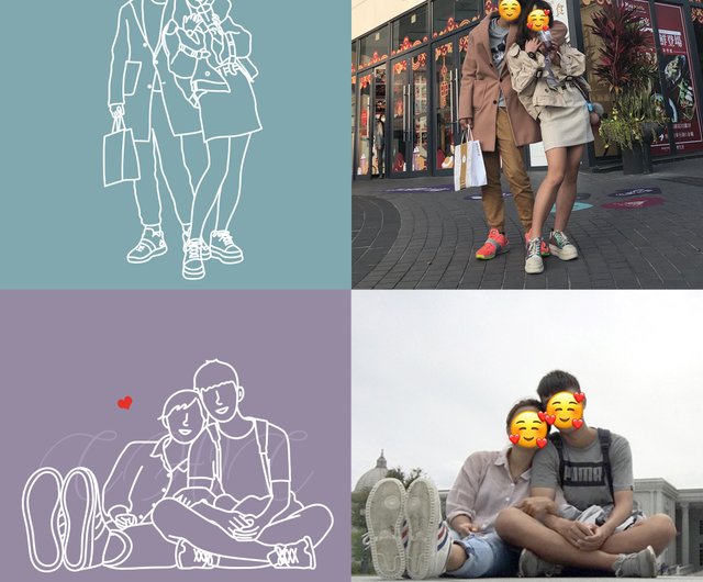 肖像画カップルラインイラストコミック手描きペット猫犬ウサギ手描き