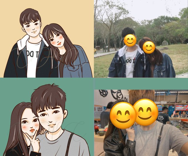 肖像画カップルラインイラストコミック手描きペット猫犬ウサギ手描き