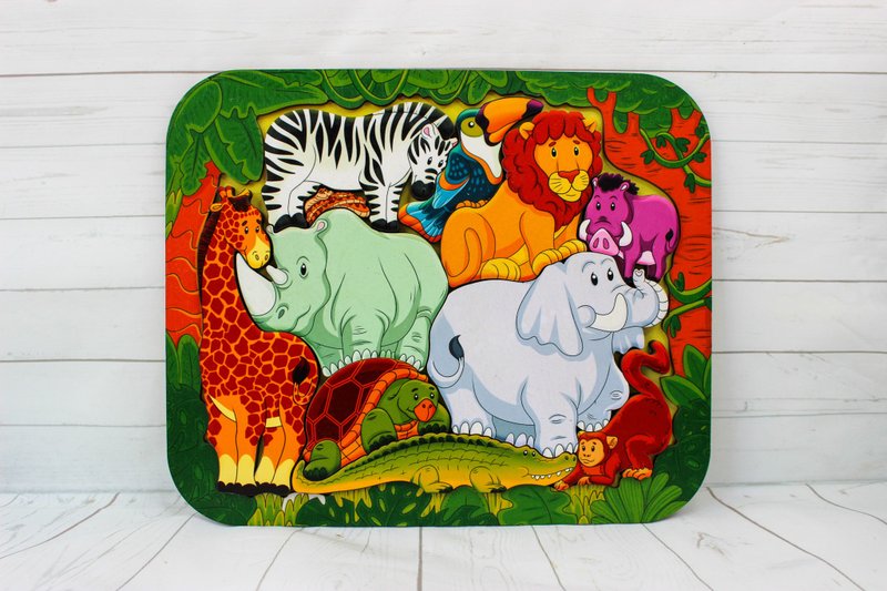 Wooden Puzzle - african jungle anim, Montessori toddler toy, jigsaw board - 寶寶/兒童玩具/玩偶 - 木頭 金色