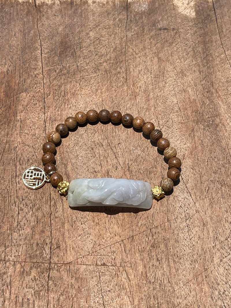 招財納福手鍊-貔貅手牌。天然翡翠。雞翅木珠 - 手鍊/手環 - 玉石 卡其色