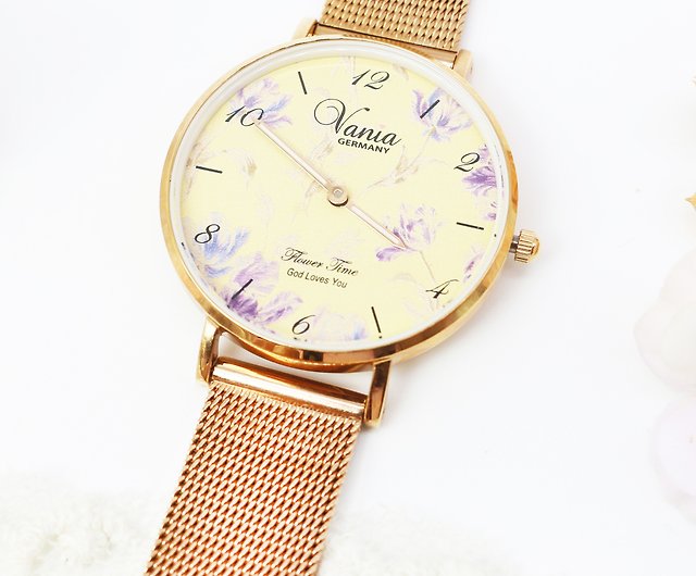 小さな女性用時計/オールスチール製超薄型ケース/ローズゴールド/油絵パープルフローラル/ネットストラップ/日本のクォーツムーブメント - ショップ  vaniagermany 腕時計 - Pinkoi
