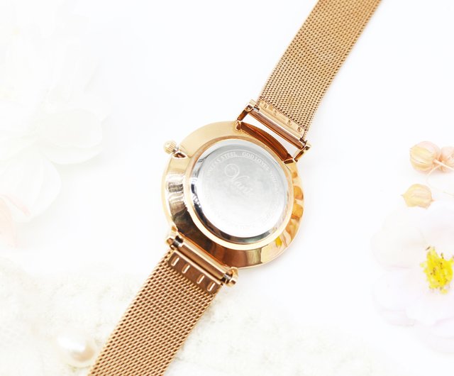 小さな女性用時計/オールスチール製超薄型ケース/ローズゴールド/油絵パープルフローラル/ネットストラップ/日本のクォーツムーブメント - ショップ  vaniagermany 腕時計 - Pinkoi