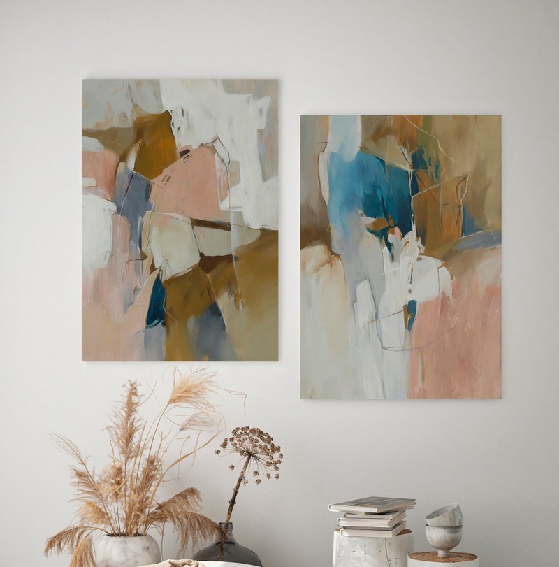 Pink Blue abstract painting | Abstract Pink blue Painting set of 2| Melody set 2 - 壁貼/牆壁裝飾 - 棉．麻 粉紅色