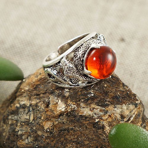 AGATIX Fire Red Orange Glass Silver Snake Unisex Adjustable Free Size Ring Jewelry Gift