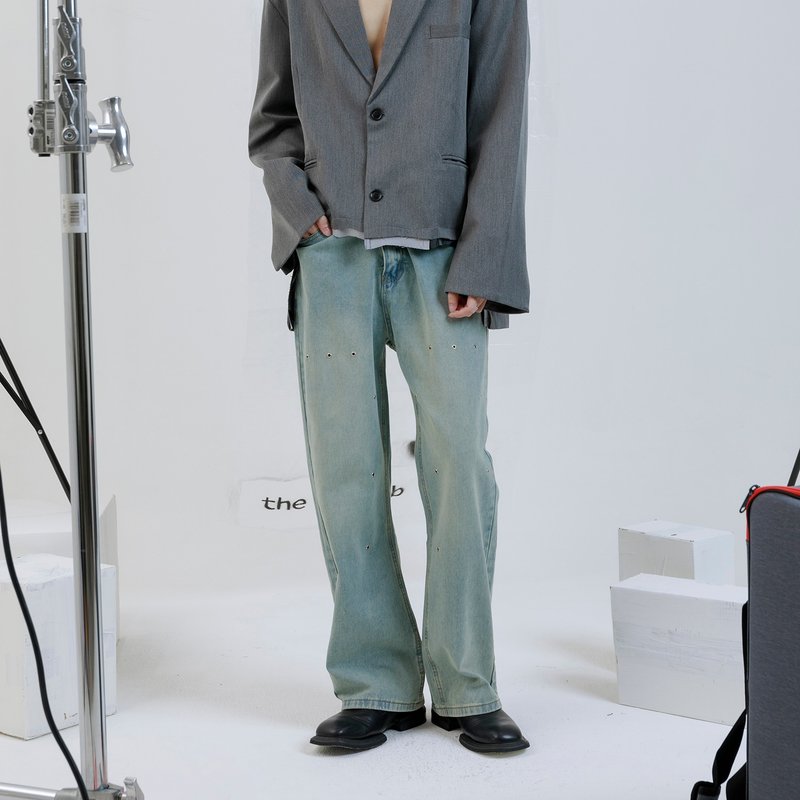 金屬雞眼直筒牛仔褲 | 藍 | - 男長褲/休閒褲 - 棉．麻 藍色