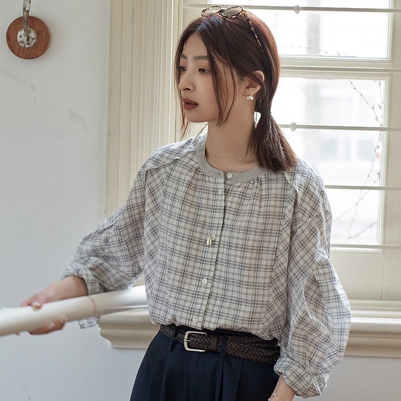 Plaid lantern sleeve shirt|shirt|spring and summer|Sora-1480 - Women's Shirts - Cotton & Hemp 