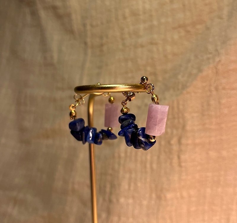Lapis Lazuli Kunzite Hoop Earrings - Earrings & Clip-ons - Copper & Brass 