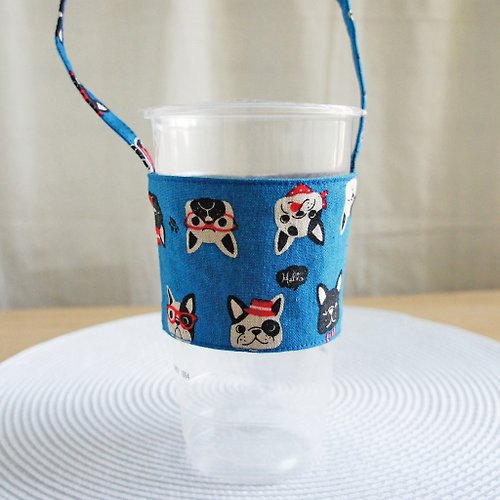 Lovely 樂芙妮 Lovely【日本棉麻布】法鬥頭像飲料杯袋、提袋、環保杯套【藍】