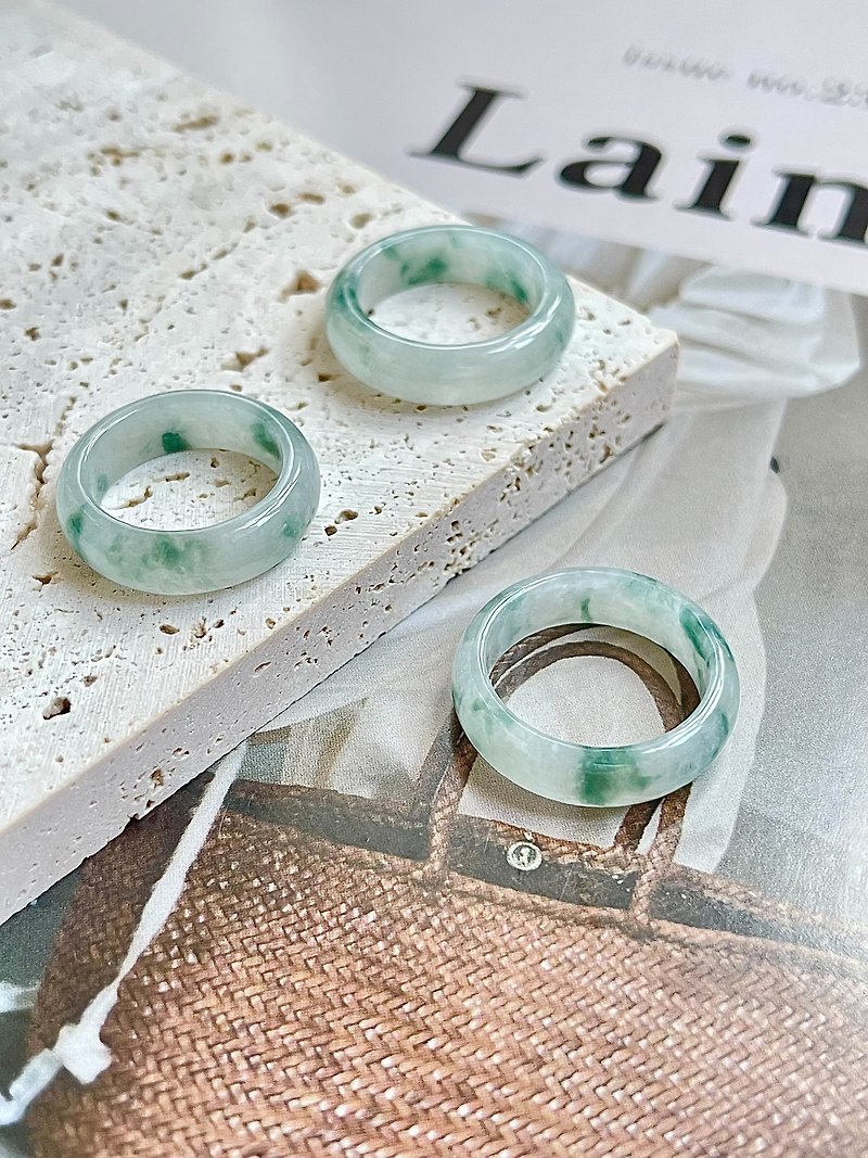 Natural Jadeite Type A - Floral Pattern Bluish Green Jade Ring - แหวนทั่วไป - หยก สีเขียว
