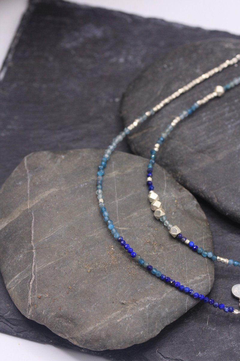Topaz, lapis lazuli and silver beads bracelet with adjustable chain (B0083) - 手鍊/手鐲 - 寶石 藍色