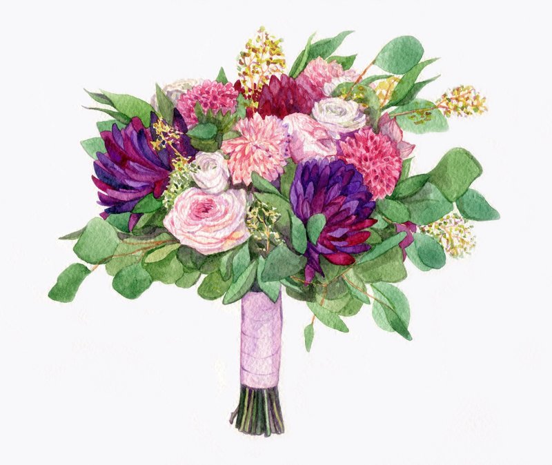 Custom Wedding Bouquet Painting Watercolor Bridal flowers portrait Anniversary - 似顏繪/客製畫 - 紙 