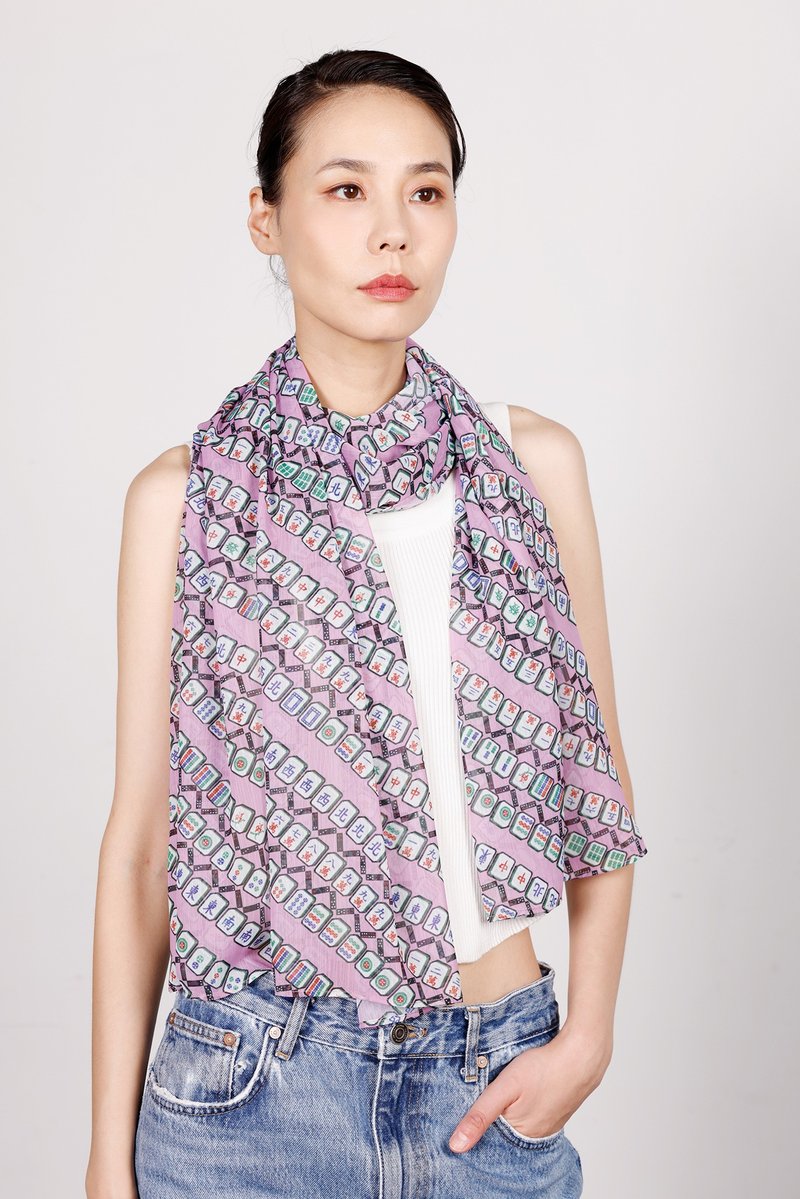 REESE麻將印花雪紡長圍巾 (紫) - 絲巾 - 聚酯纖維 紫色