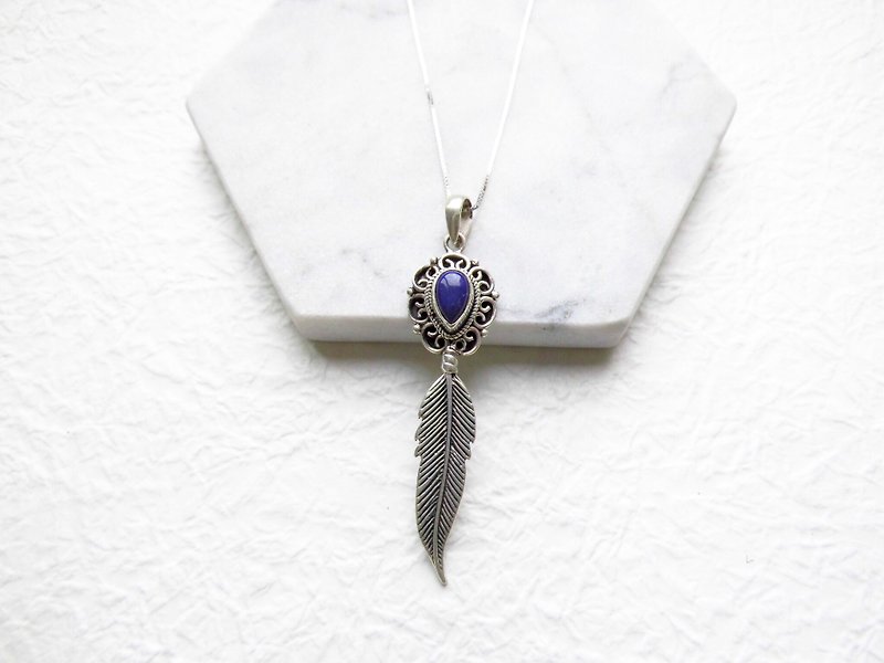 青金石925純銀花朵羽毛項鍊 尼泊爾手工鑲嵌製作 - 項鍊 - 寶石 藍色