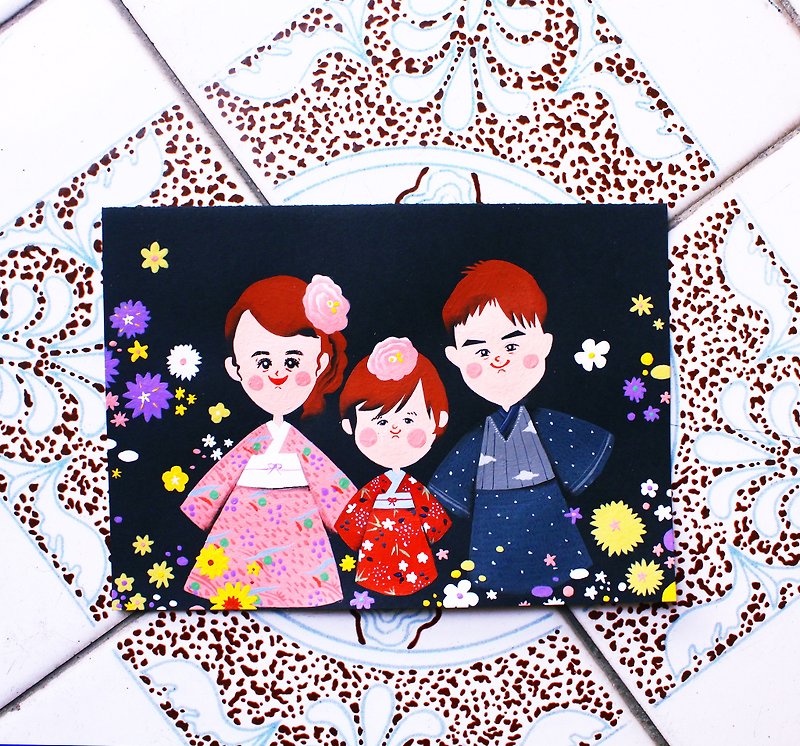 Cute kimono parent-child customized family portrait of 3 peopleBirthday/Valentine's Day/Wedding Anniversary/Christmas/Mother - ภาพวาดบุคคล - กระดาษ หลากหลายสี